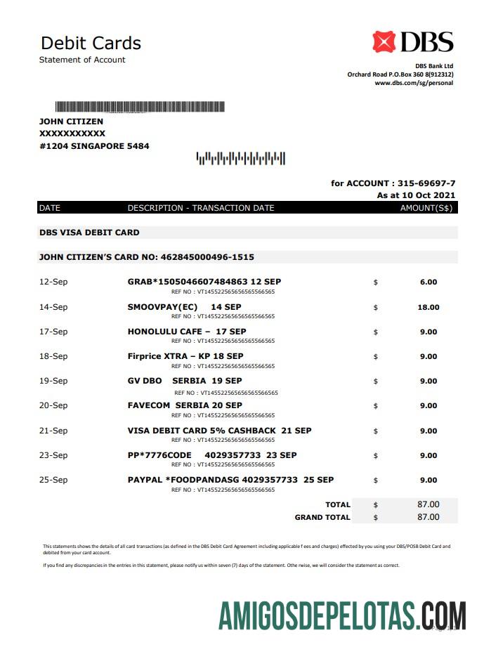 Singapore DBS Bank Excel Pdf modelo